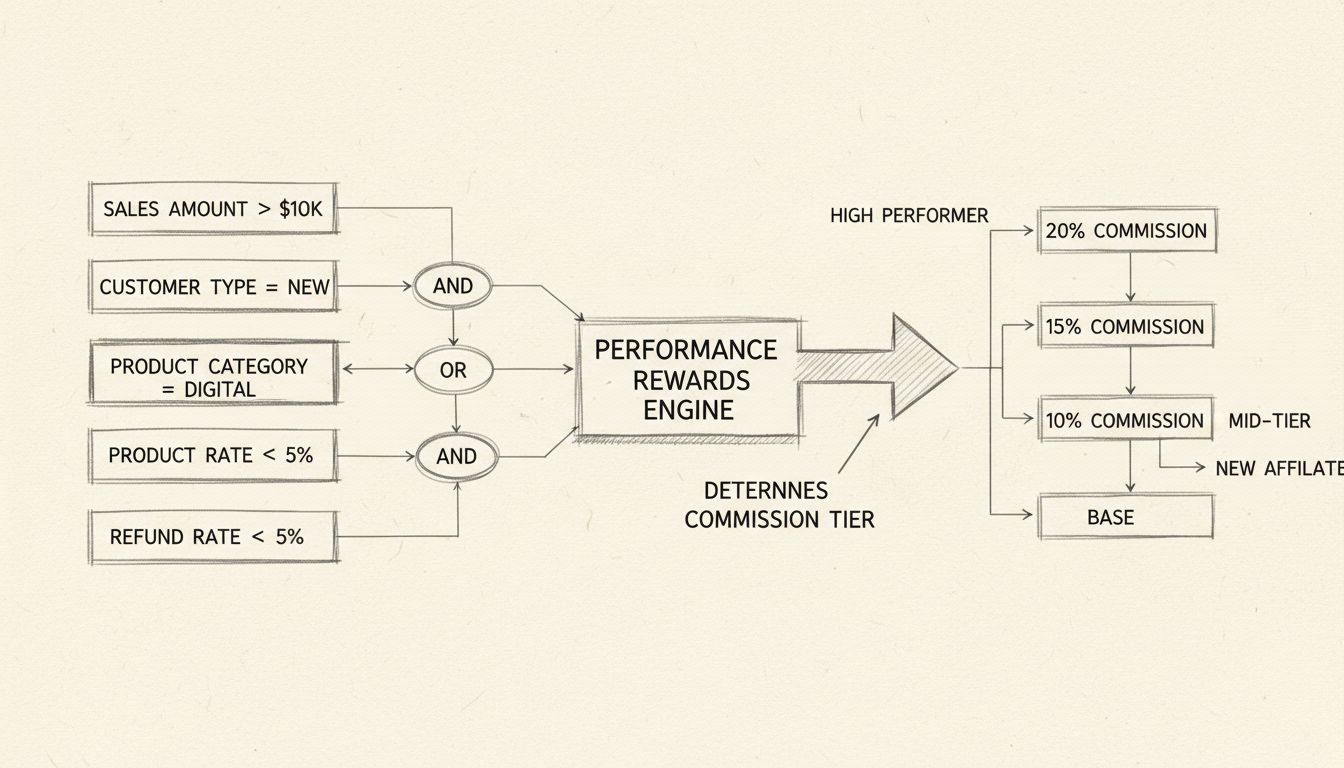 Ablaufdiagramm zu mehrstufigen Performance-Reward-Regeln, das zeigt, wie Bedingungen kombiniert werden, um Provisionsstufen zu bestimmen