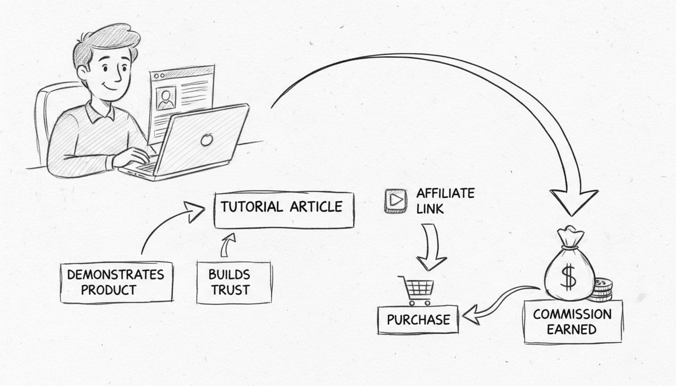 Handgezeichnetes Diagramm zeigt den Ablauf eines Tutorial-Artikels zur Affiliate-Provision: Leser lernt aus Tutorial, klickt Affiliate-Link, kauft, verdient Provision