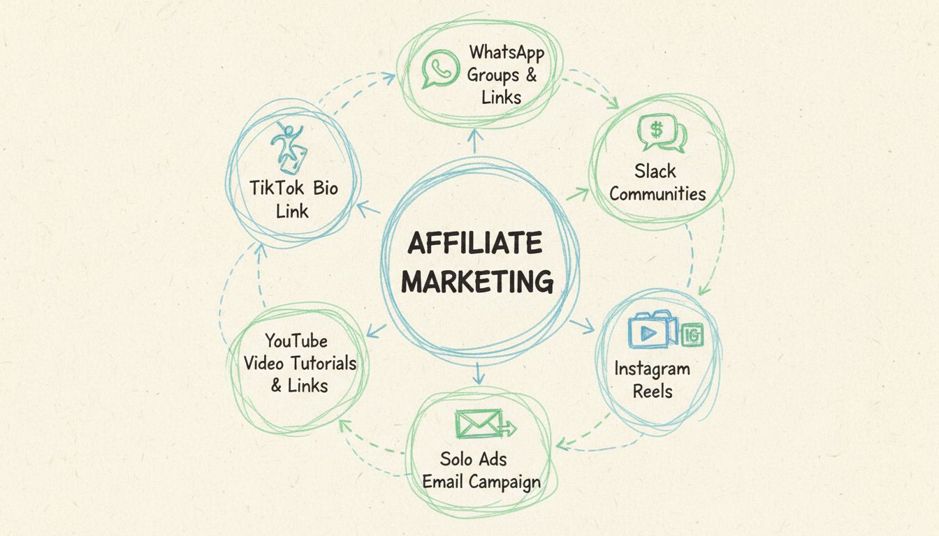 Handgezeichnetes Diagramm, das nicht-standardmäßige Affiliate-Marketing-Methoden wie TikTok, WhatsApp, Slack, Solo Ads, YouTube-Tutorials und Instagram Reels im Kreisfluss darstellt
