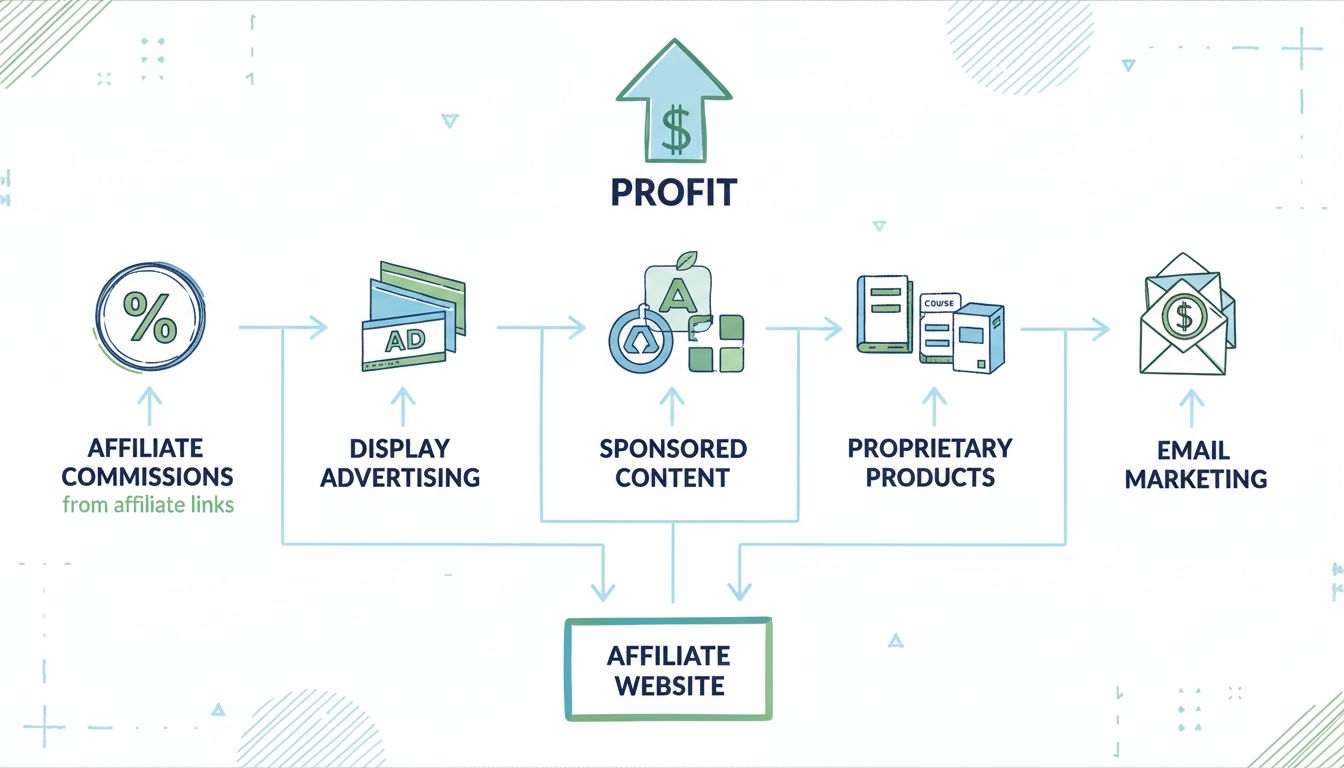 Infografik zu Einnahmequellen von Affiliate-Websites: Provisionen, Werbung, bezahlte Inhalte, eigene Produkte und E-Mail-Marketing