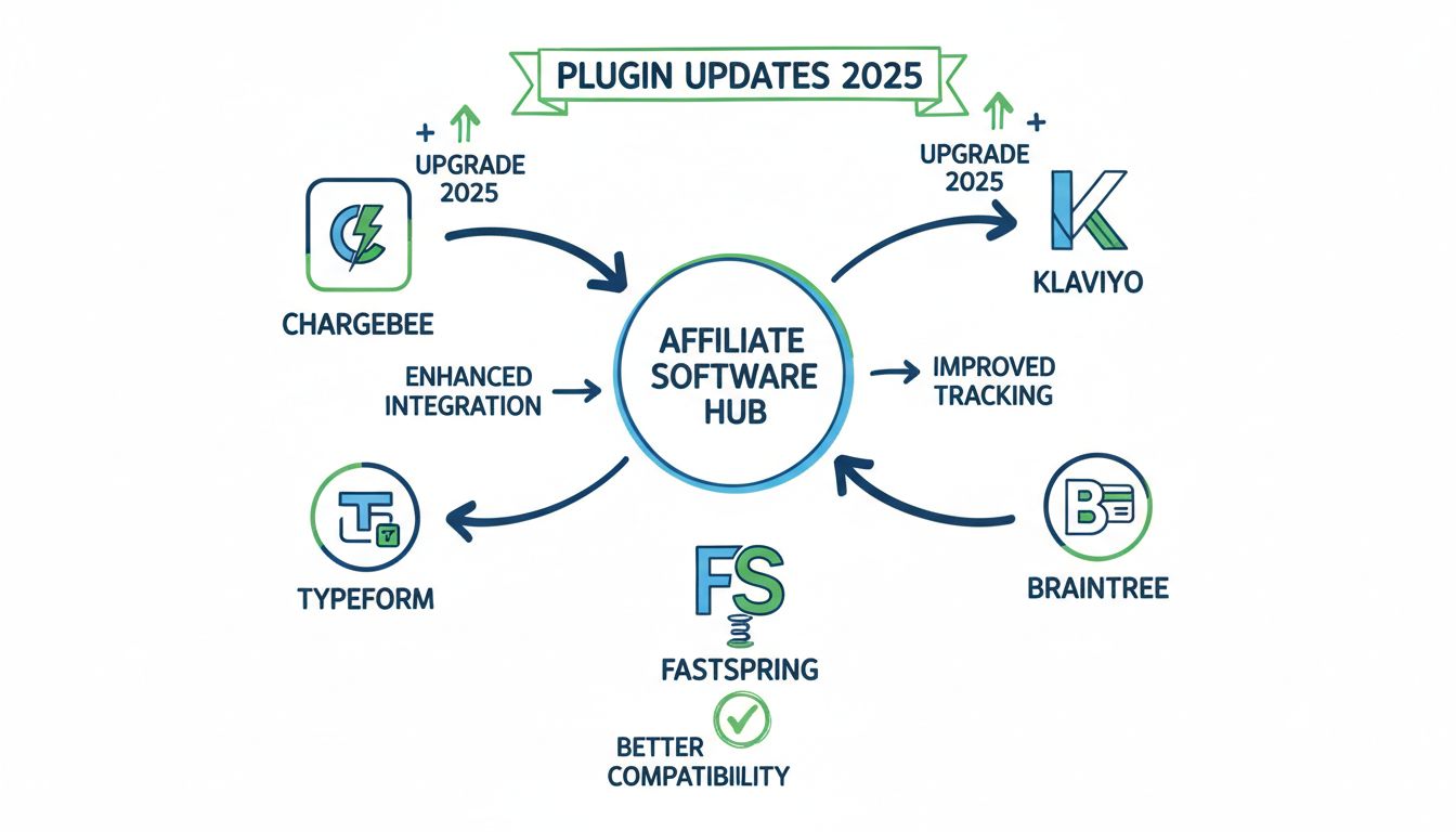 Plugin-Integrations-Ökosystem-Diagramm zeigt Chargebee, Typeform, Klaviyo, Braintree und FastSpring, die mit dem Affiliate-Software-Hub verbunden sind, mit Datenfluss-Pfeilen und Upgrade-Indikatoren