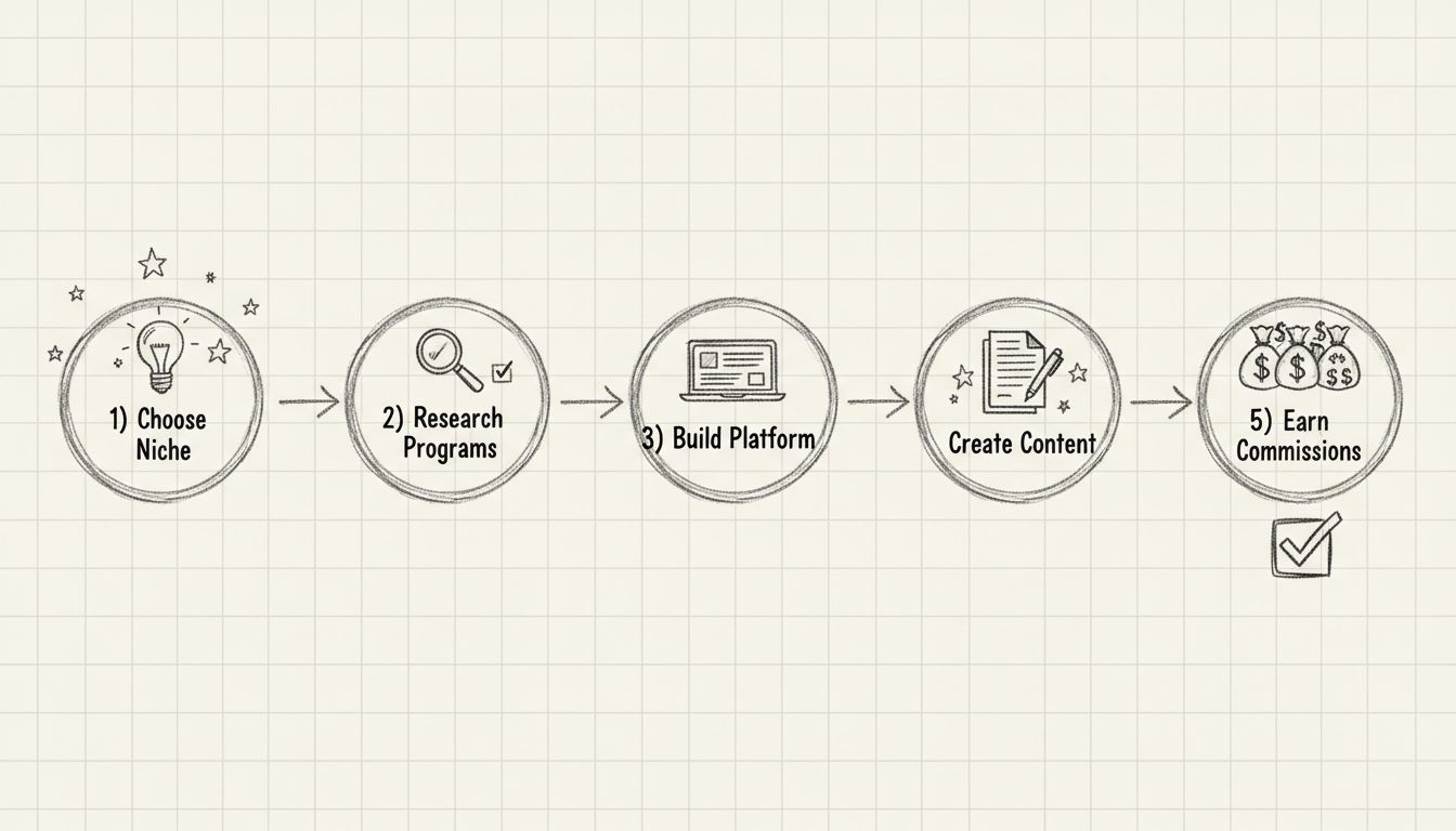 Ablaufdiagramm für Einsteiger im Affiliate-Marketing mit 5 Schritten: Nische wählen, Programme recherchieren, Plattform aufbauen, Inhalte erstellen und Provisionen verdienen