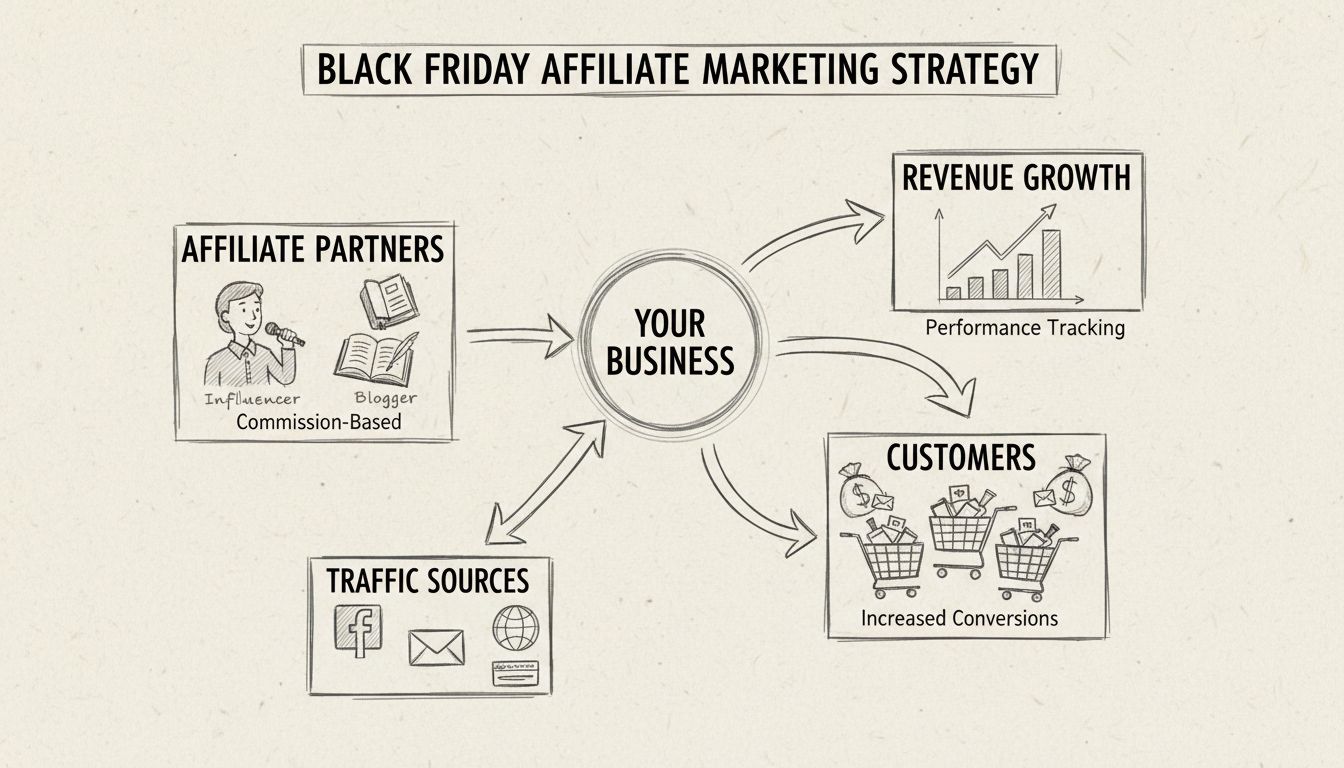 Handgezeichnetes Diagramm, das eine Affiliate-Marketing-Strategie für Black Friday Verkäufe zeigt: Geschäftszentrale verbunden mit Affiliate-Partnern, Traffic-Quellen, Kunden und Umsatzwachstum