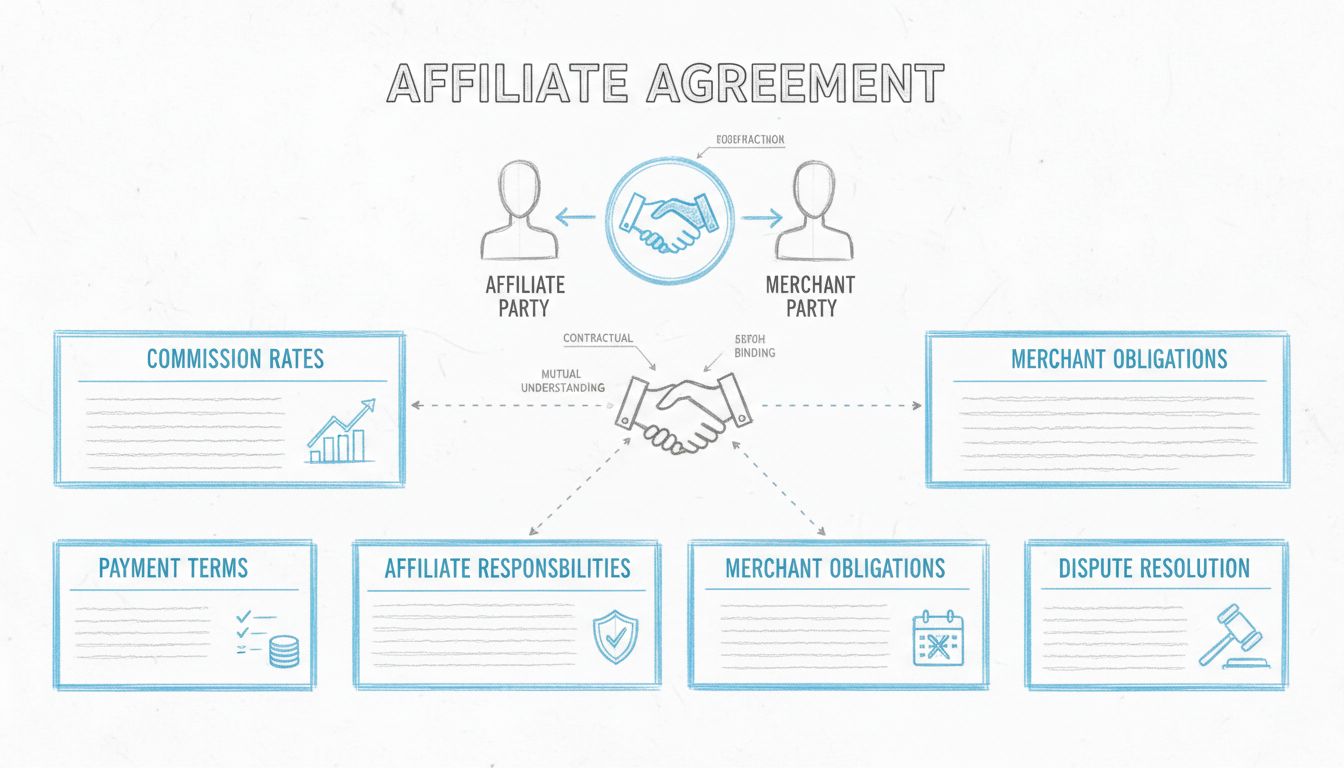 Handgezeichnetes Diagramm zu wichtigen Abschnitten einer Affiliate-Vereinbarung, darunter Provisionssätze, Zahlungsbedingungen, Affiliate-Verantwortlichkeiten, Händlerpflichten, Laufzeit und Kündigung sowie Streitbeilegung