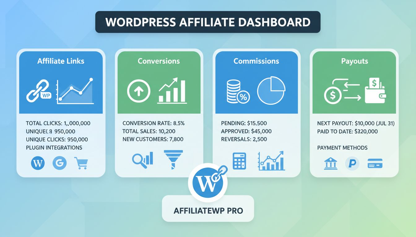 WordPress Affiliate-Marketing-Dashboard mit Conversion-Tracking, Affiliate-Link-Management, Provisionsberechnung und Zahlungsabwicklung