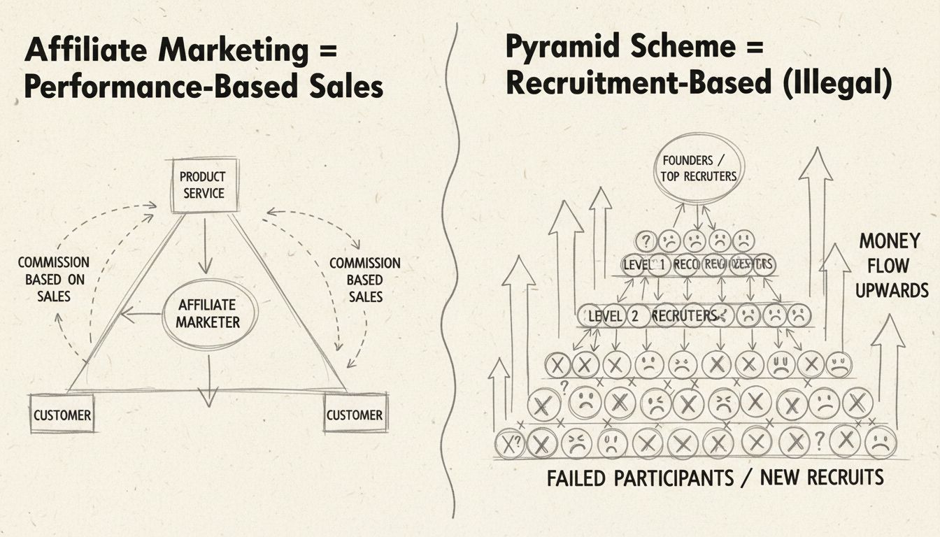 Handgezeichnetes Diagramm, das Affiliate Marketing- und Pyramidensystem-Strukturen vergleicht