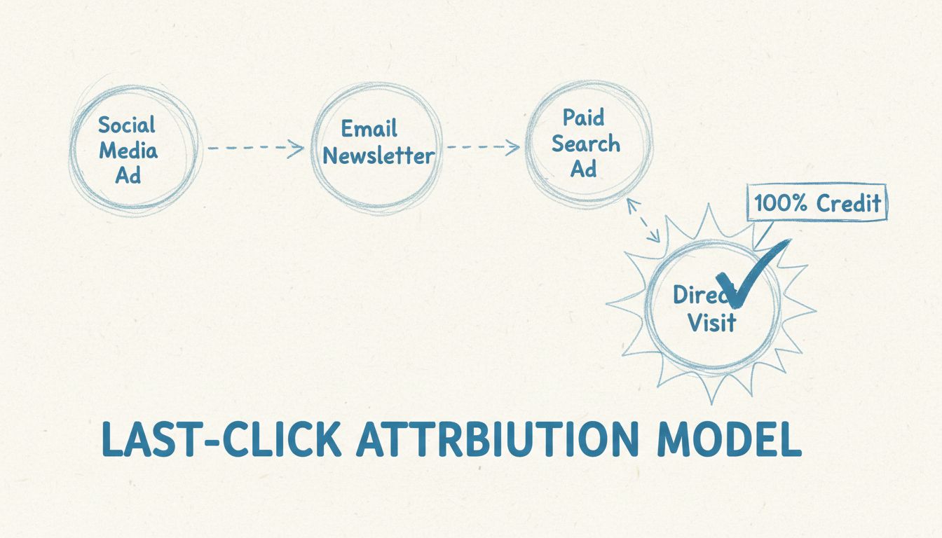 Last-Click-Attributionsmodell zeigt Kundenreise mit mehreren Touchpoints und 100 % Credit für die letzte Interaktion