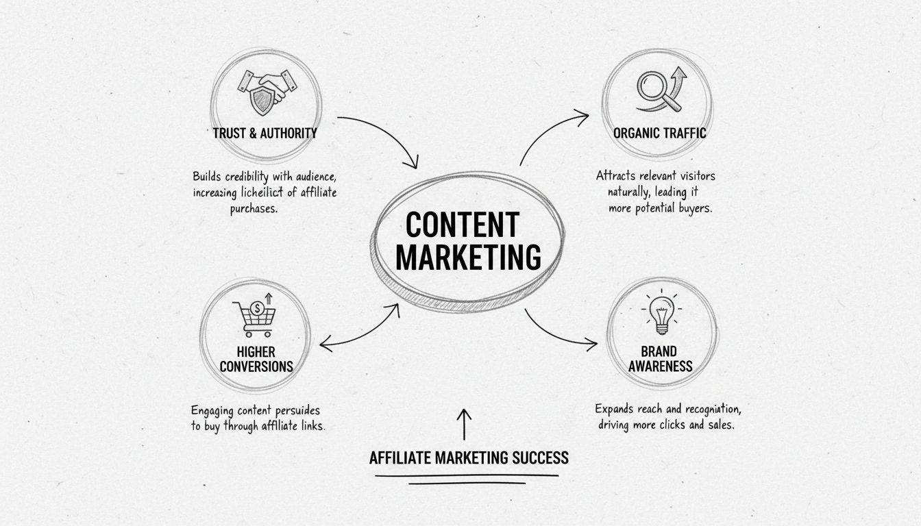 Handgezeichnetes Diagramm, das Content-Marketing mit Vertrauen, organischem Traffic, Conversions und Markenbekanntheit verbindet