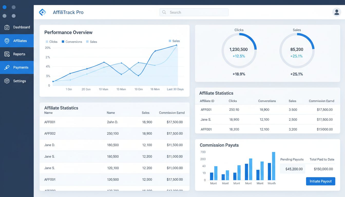Dashboard einer Affiliate-Marketing-Tracking-Software mit Echtzeit-Analysen, Conversion-Metriken und Provisionsverfolgung