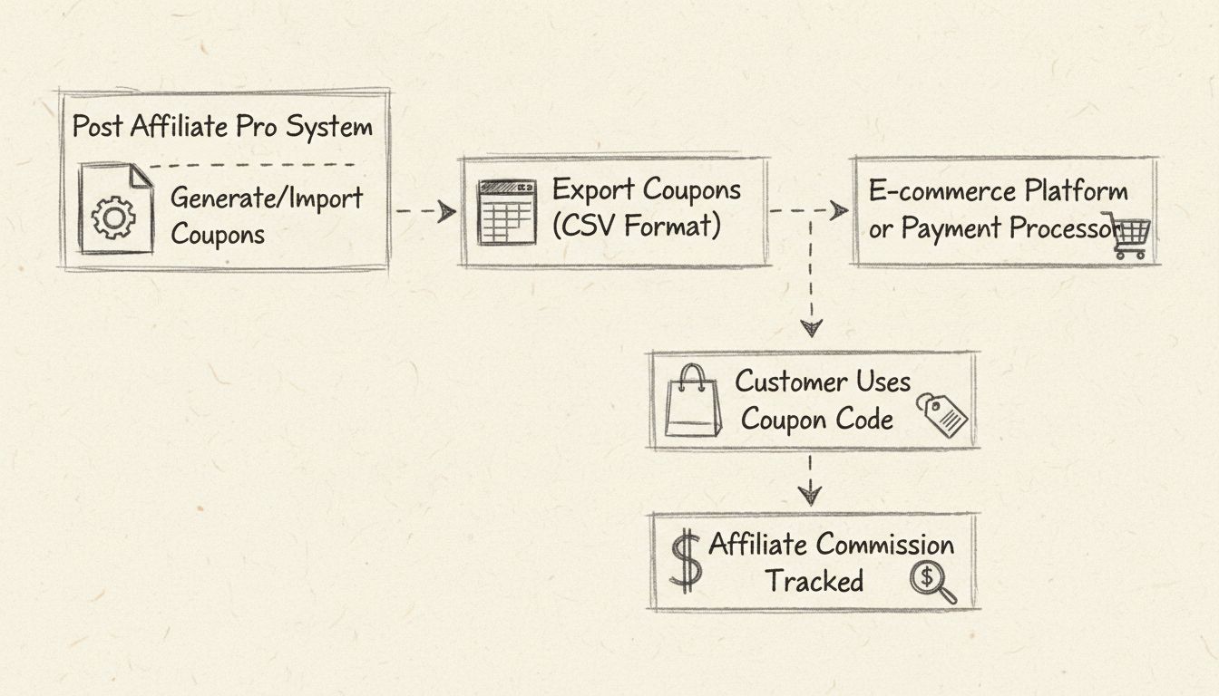 Diagramm des Gutschein-Export-Workflows, das den Prozess von Post Affiliate Pro über den Export zur E-Commerce-Plattform und Affiliate-Provisionsverfolgung zeigt