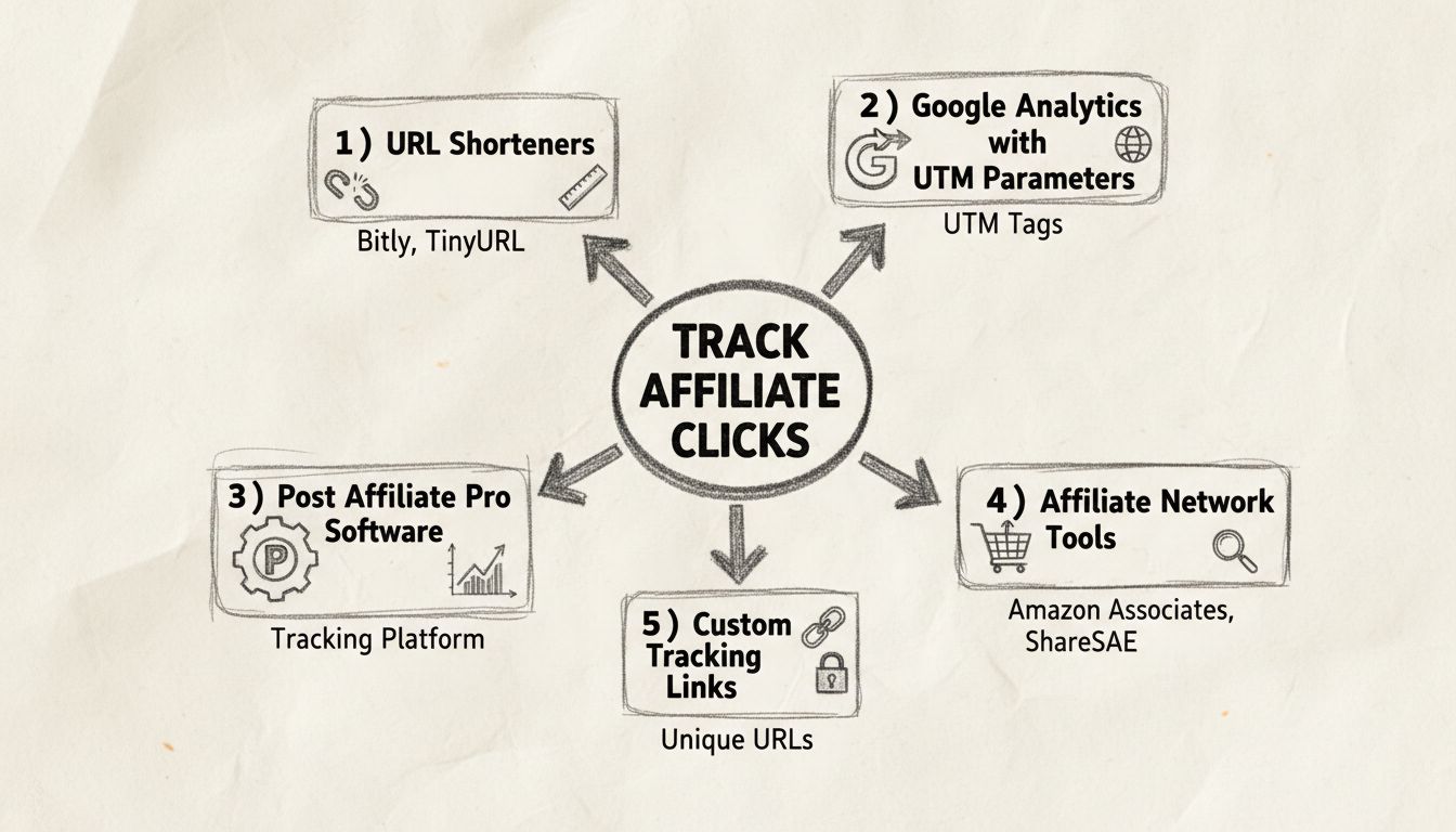 Affiliate-Klick-Tracking-Methoden: Diagramm mit URL-Shortenern, Google Analytics, Post Affiliate Pro, Affiliate-Netzwerken und individuellen Tracking-Lösungen