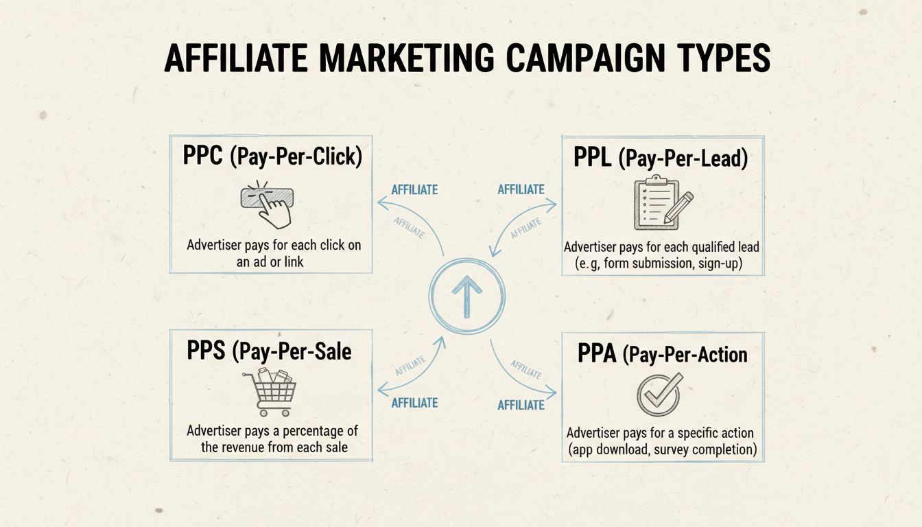 Diagramm, das verschiedene Arten von Affiliate-Marketing-Kampagnen zeigt, darunter PPC, PPL, PPS und PPA-Modelle