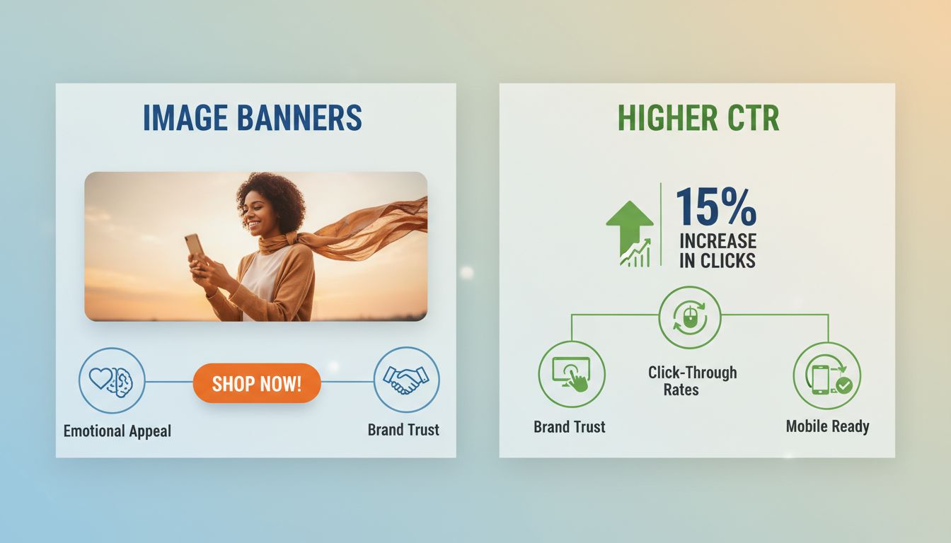 Image banner benefits infographic showing emotional appeal, brand recognition, CTR optimization, and mobile readiness for affiliate marketing