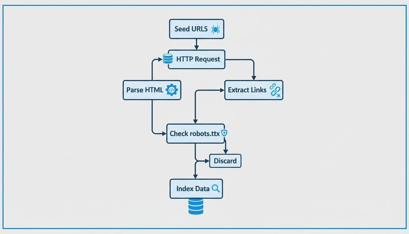 Webcrawler-Prozessablaufdiagramm mit Seed-URLs, HTTP-Anfragen, HTML-Parsing, Linkextraktion, robots.txt-Prüfung und Datenbankindexierung