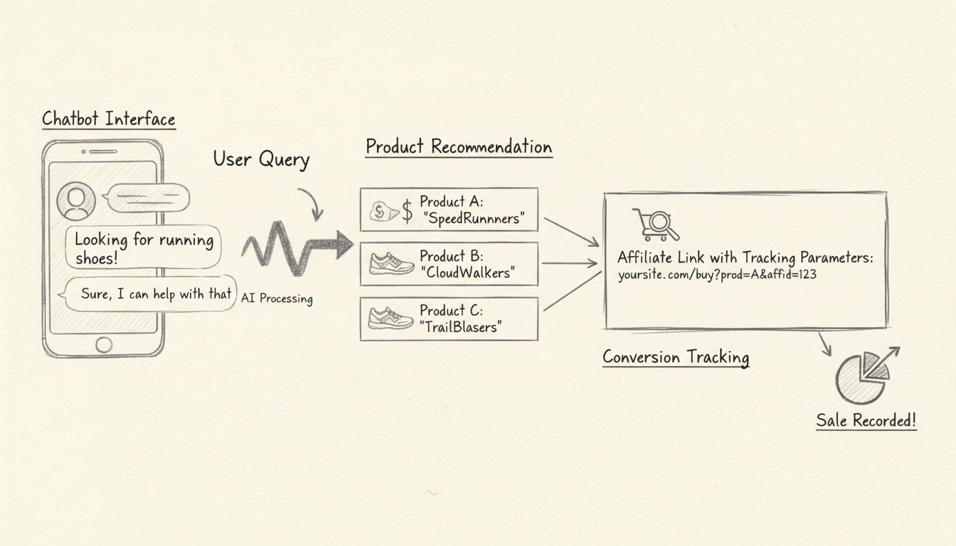 Handgezeichnetes Diagramm, das den Chatbot-Workflow im Affiliate-Marketing mit Nutzeranfrage, KI-Verarbeitung, Produktempfehlungen und Conversion-Tracking zeigt
