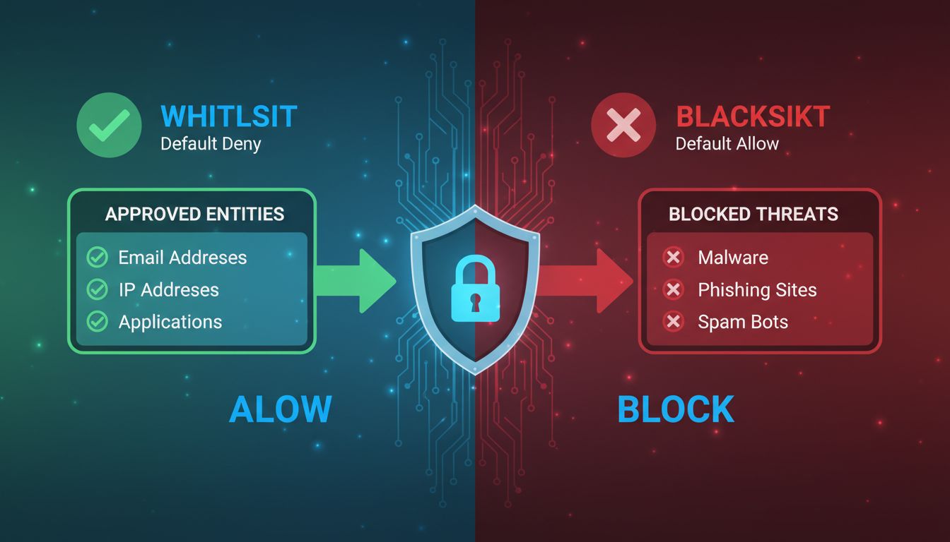 Whitelist vs Blacklist Sicherheitsvergleichsdiagramm, das zeigt, wie genehmigte Entitäten durch die Whitelist gelangen, während Bedrohungen durch die Blacklist blockiert werden