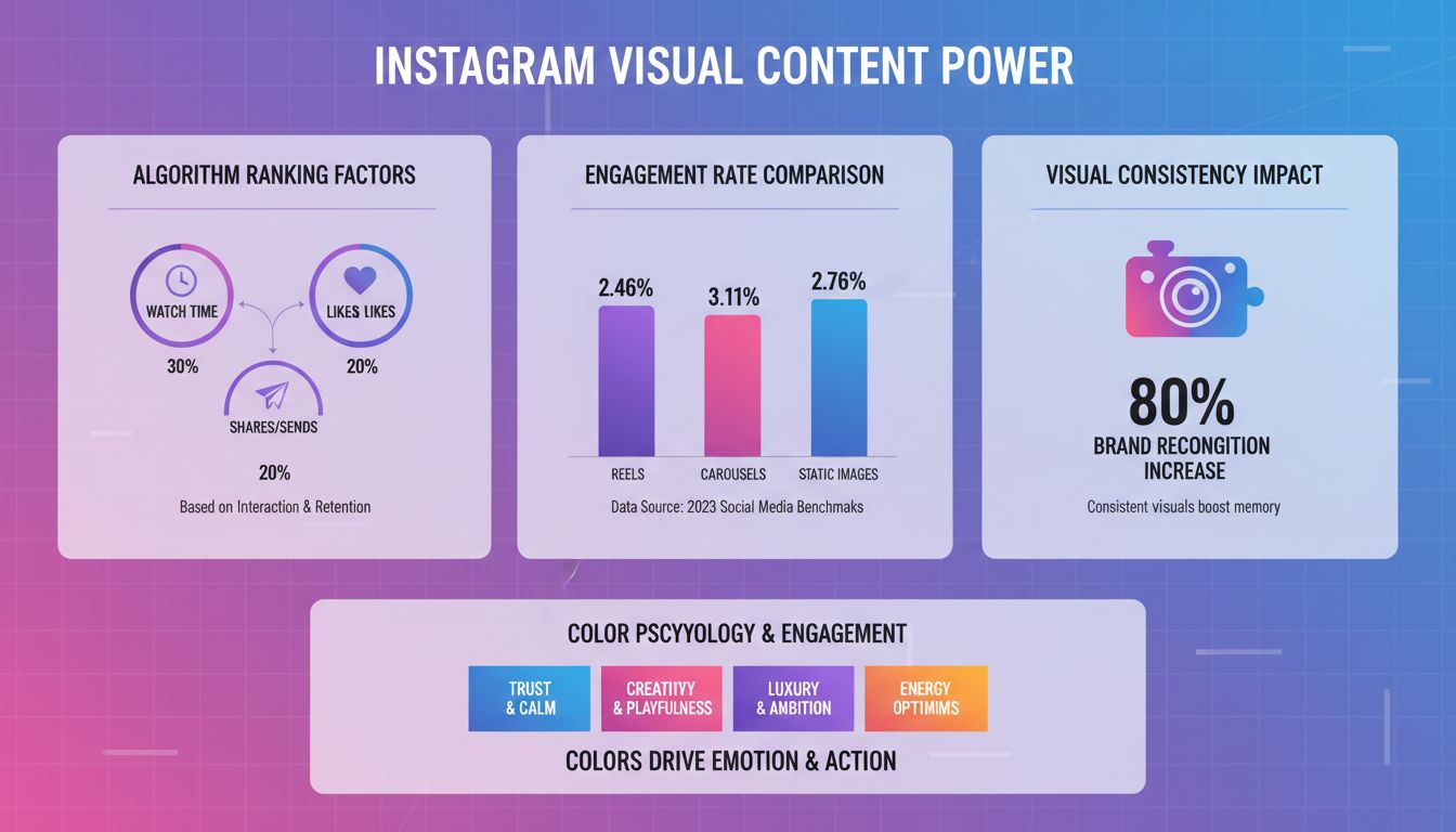Instagram-Infografik zur Bedeutung visueller Inhalte mit Engagement-Metriken, Algorithmus-Faktoren und Farbpsychologie