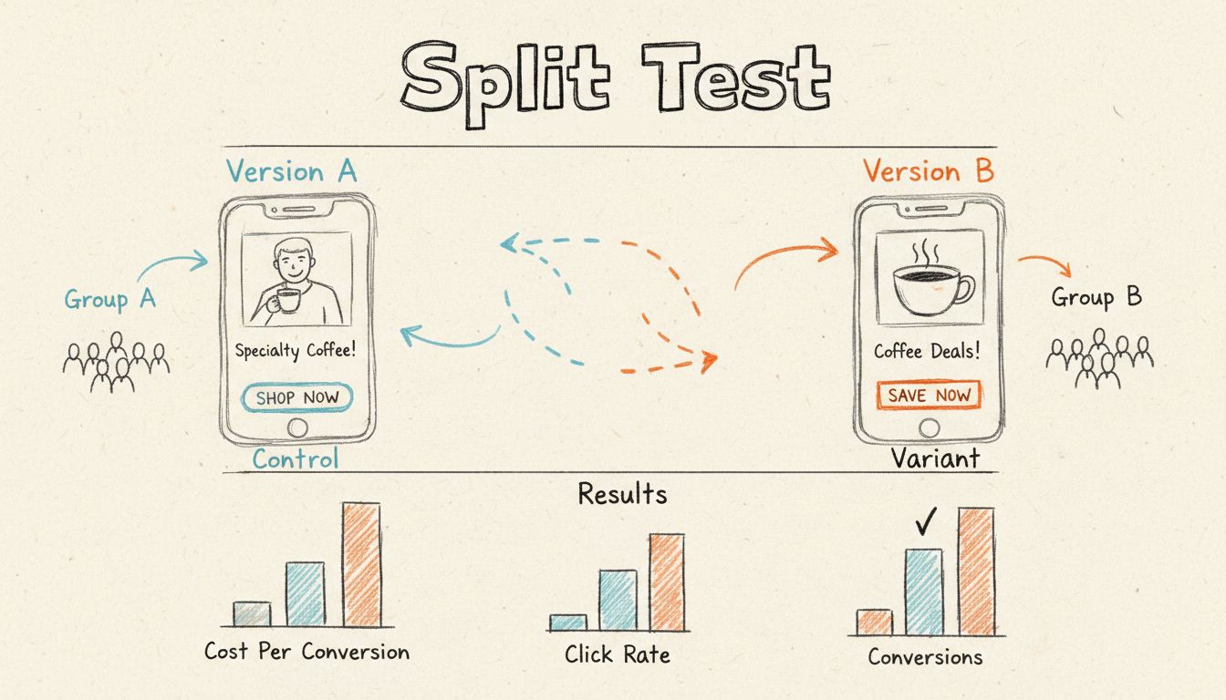 Facebook Split-Testing A/B-Test Diagramm, das zeigt, wie Version A und Version B mit unterschiedlichen Zielgruppen und Leistungsvergleich getestet werden