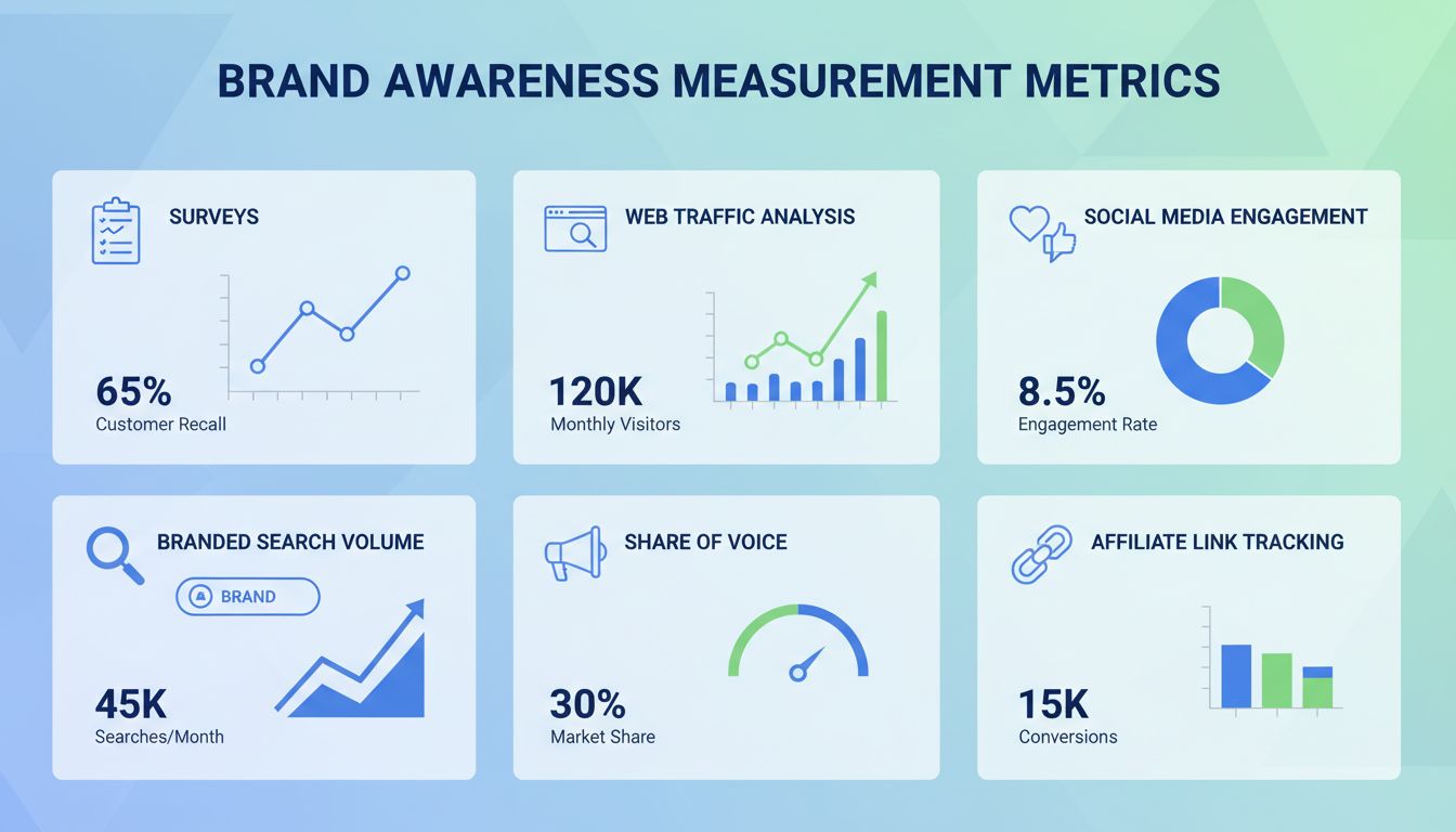 Dashboard zur Messung der Markenbekanntheit mit Umfragen, Web-Traffic-Analyse, Social-Media-Engagement, gebrandetem Suchvolumen, Share of Voice und Affiliate-Link-Tracking