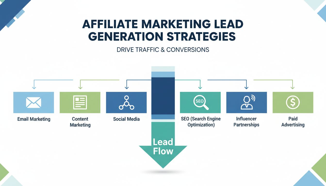 Leadgenerierungs-Methoden für Affiliate-Marketing inklusive E-Mail-Marketing, Content-Marketing, Social Media, SEO, Influencer-Partnerschaften und bezahlte Werbung