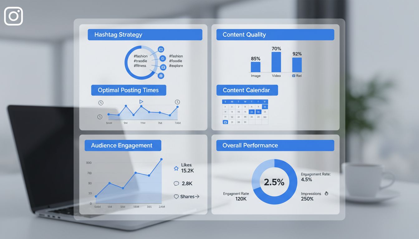 Instagram-Marketing-Strategie-Dashboard mit Hashtag-Recherche, Analytics, Content-Kalender und Engagement-Metriken