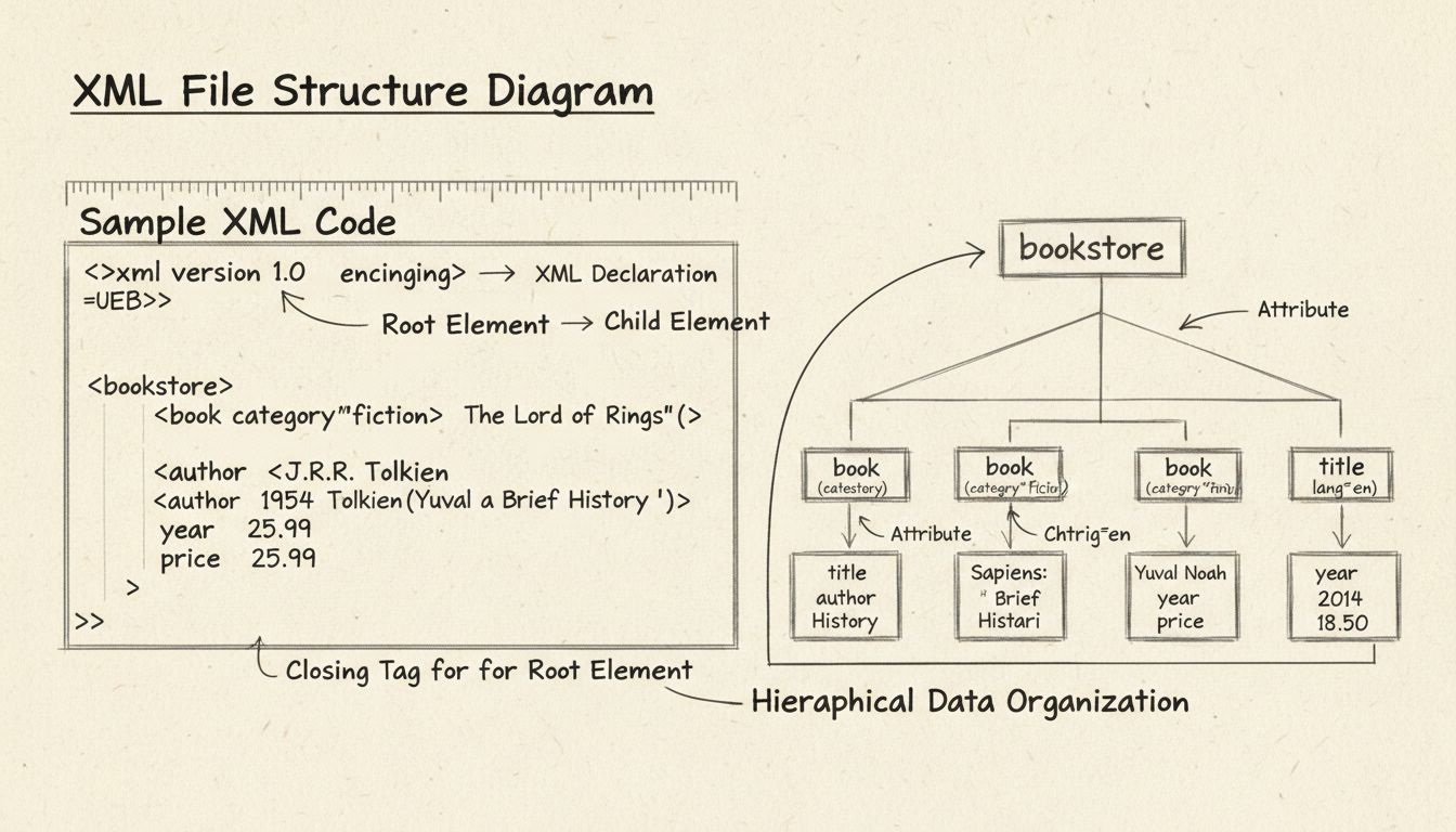 Diagramm zur Struktur einer XML-Datei mit Tags, Elementen, Attributen und hierarchischer Organisation
