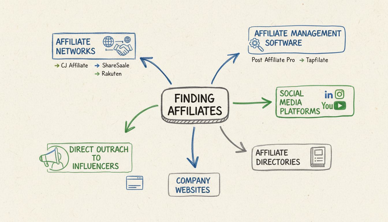 Handgezeichnetes Diagramm, das verschiedene Methoden zur Affiliate-Suche zeigt, einschließlich Netzwerke, Software, Influencer und Social-Media-Plattformen