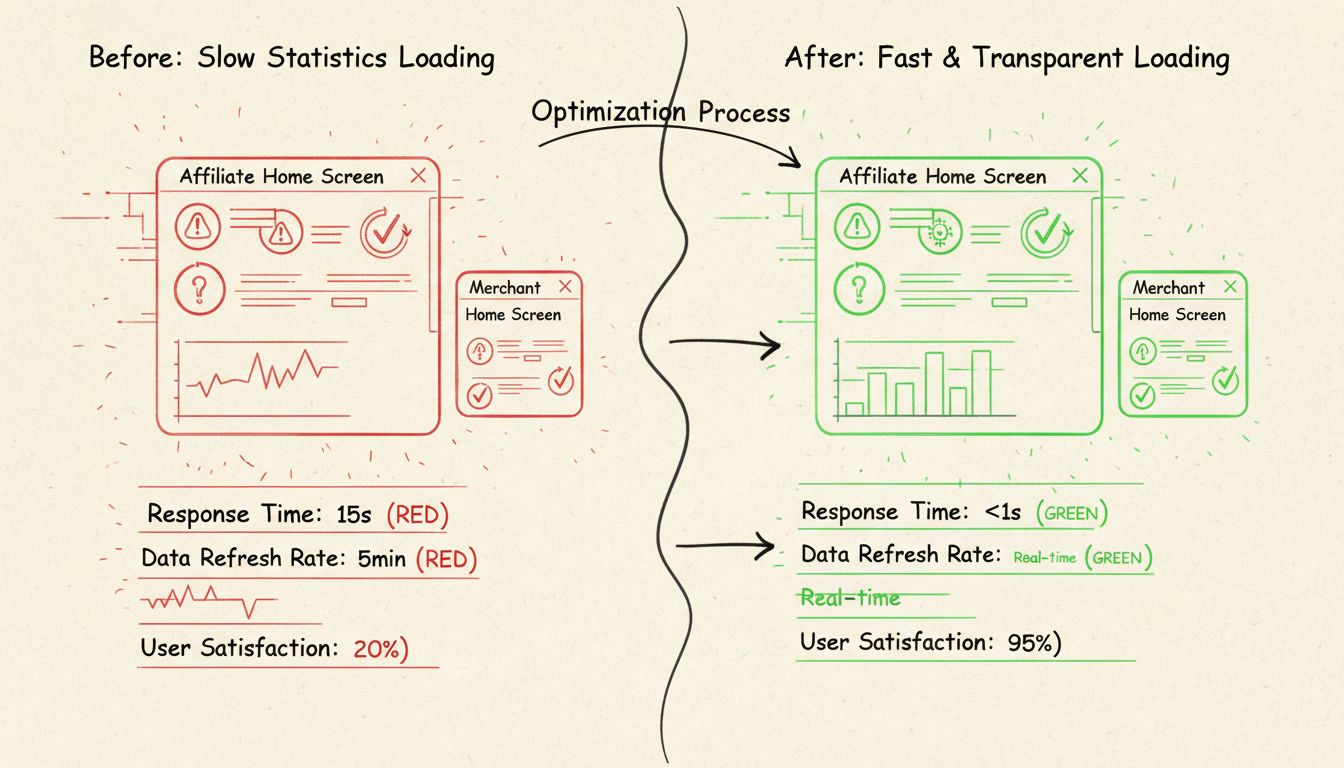 Diagramm zur Optimierung der Dashboard-Performance, das Verbesserungen beim Laden der Statistiken vor und nach der Optimierung zeigt