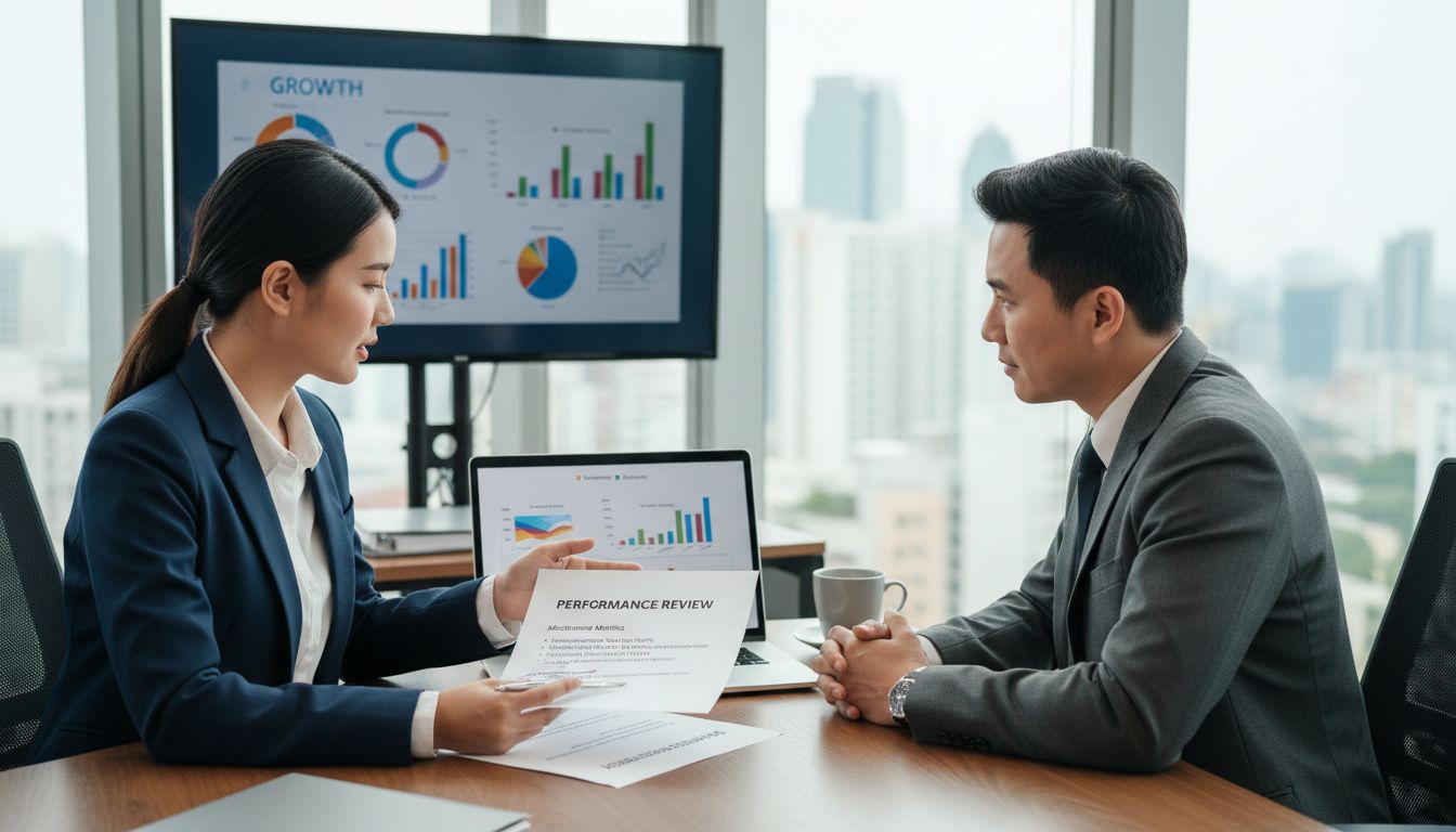 Professionelles Gespräch zwischen Mitarbeiter und Vorgesetztem über Gehaltserhöhung mit Leistungskennzahlen und Nachweis-Dokumenten