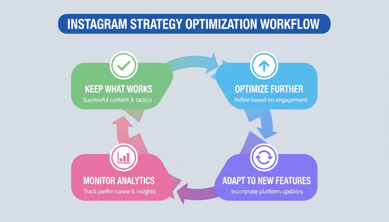 Instagram-Strategie-Optimierungs-Workflow mit Behalte, was funktioniert, optimiere weiter, passe dich neuen Funktionen an und überwache Analysen