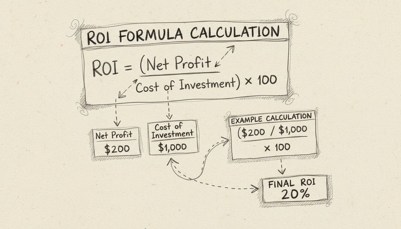 Handgezeichnetes Bleistiftdiagramm, das die Berechnung der ROI-Formel mit Beispiel zeigt