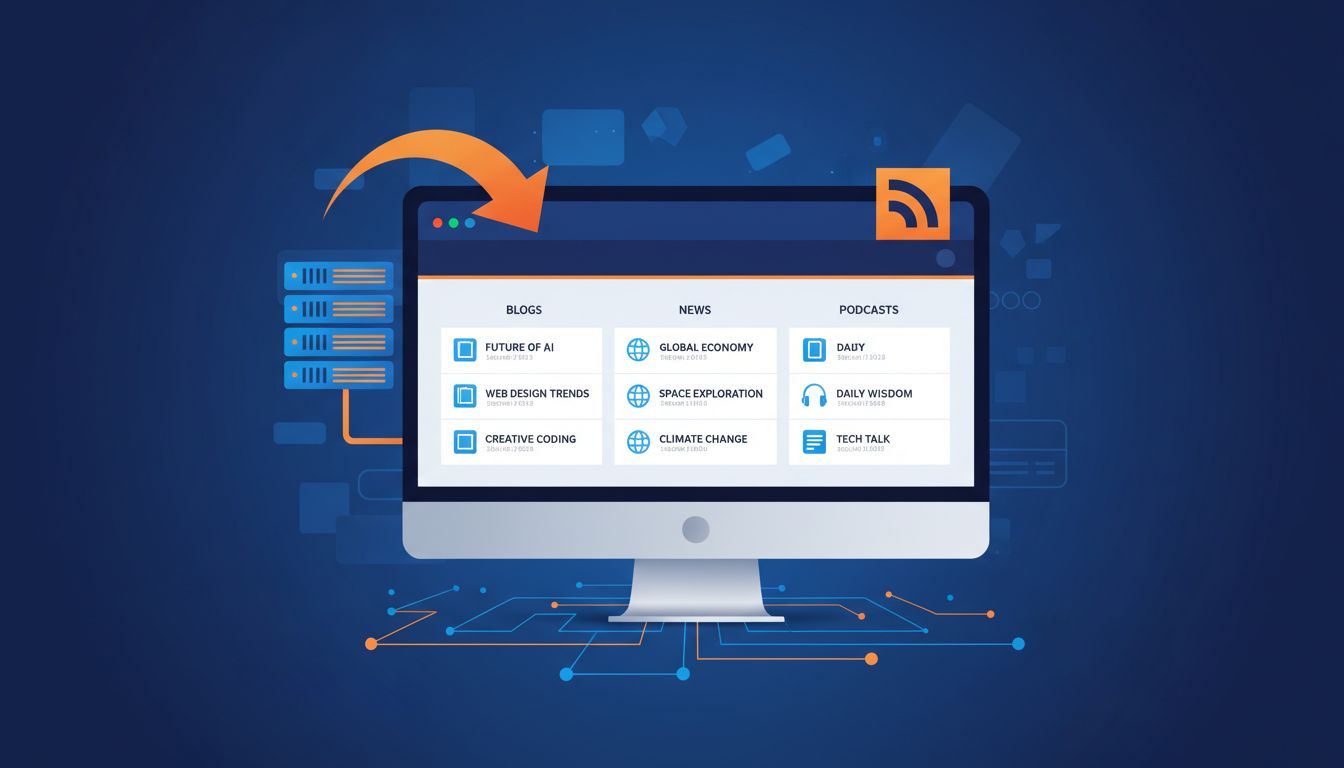 RSS-Feed-Reader-Oberfläche mit mehreren, in Spalten organisierten Feeds für Blogposts, Nachrichten und Podcasts