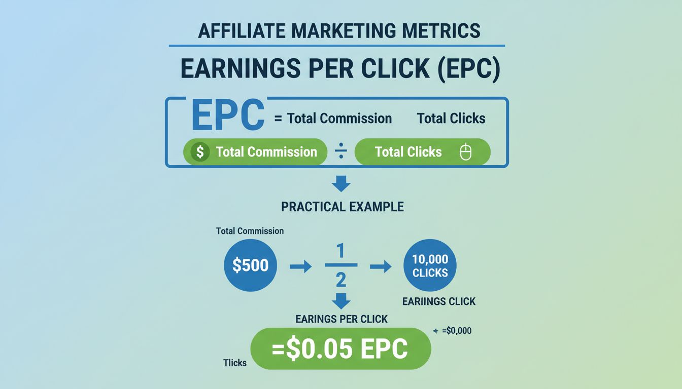 Infografik zur EPC-Berechnungsformel: gesamte Provision geteilt durch gesamte Klicks