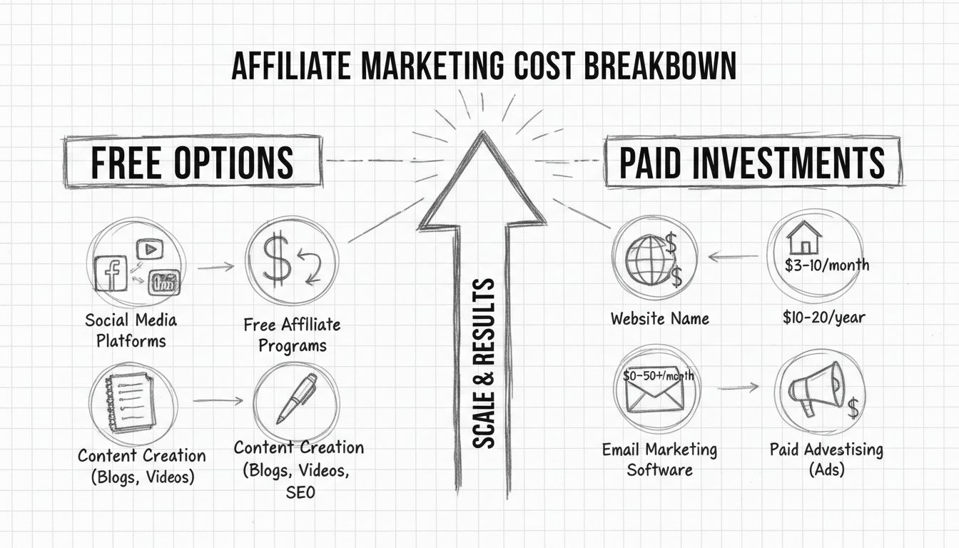 Diagramm zur Kostenübersicht im Affiliate-Marketing mit kostenlosen Optionen wie Social Media und kostenpflichtigen Investitionen wie Hosting und E-Mail-Marketing
