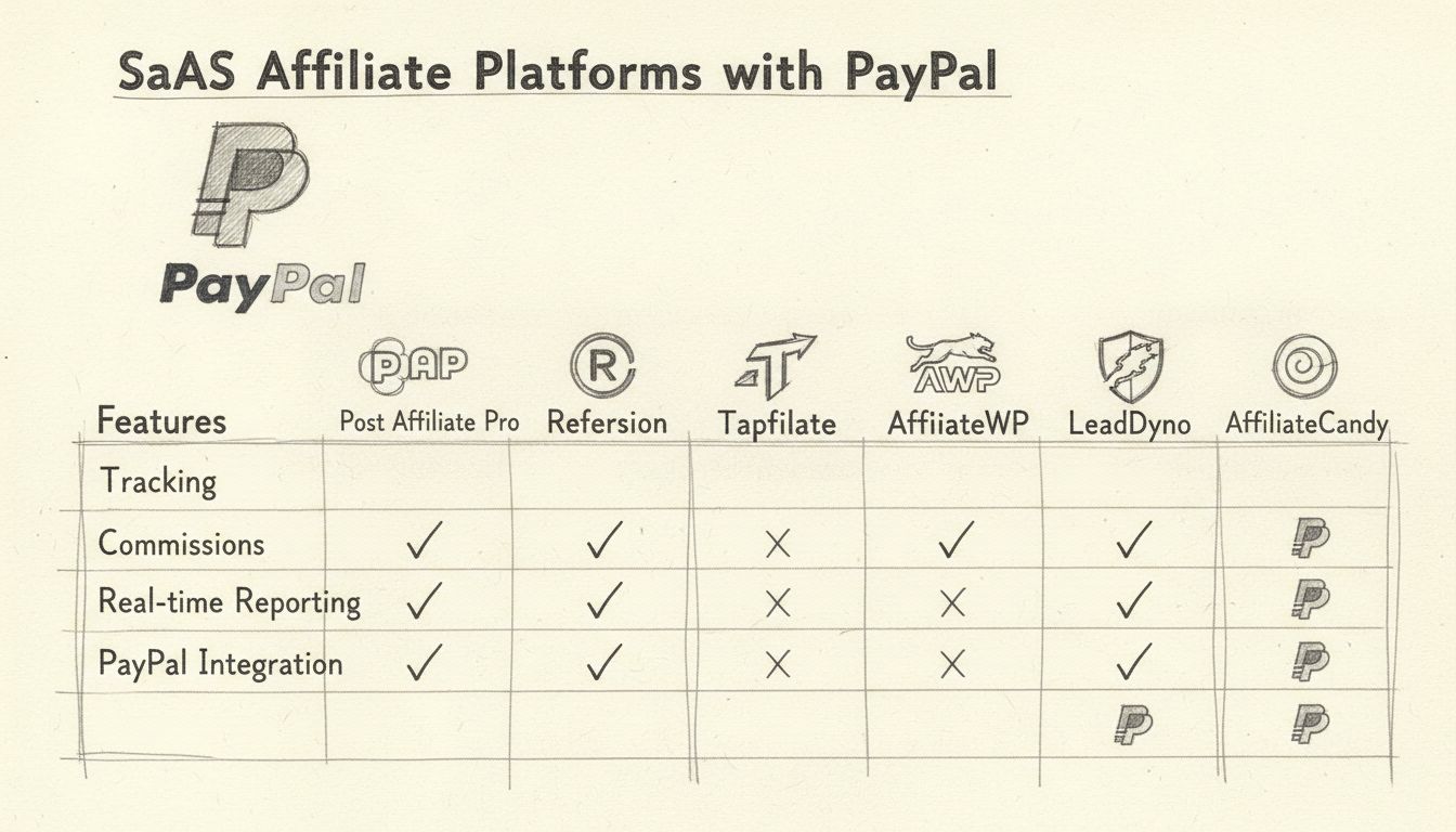 Vergleichsdiagramm von 6 Affiliate-Software-Plattformen für SaaS mit PayPal-Integration