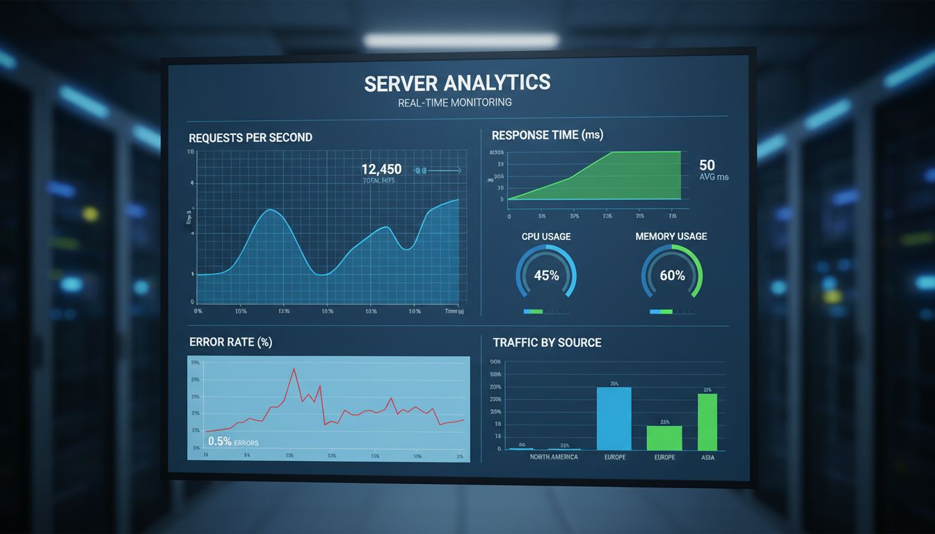 Server-Monitoring-Dashboard mit Echtzeit-Server-Hits, Anfragen pro Sekunde, Antwortzeiten, CPU-Auslastung, Speicherauslastung und Fehlerraten in professioneller Analyseoberfläche