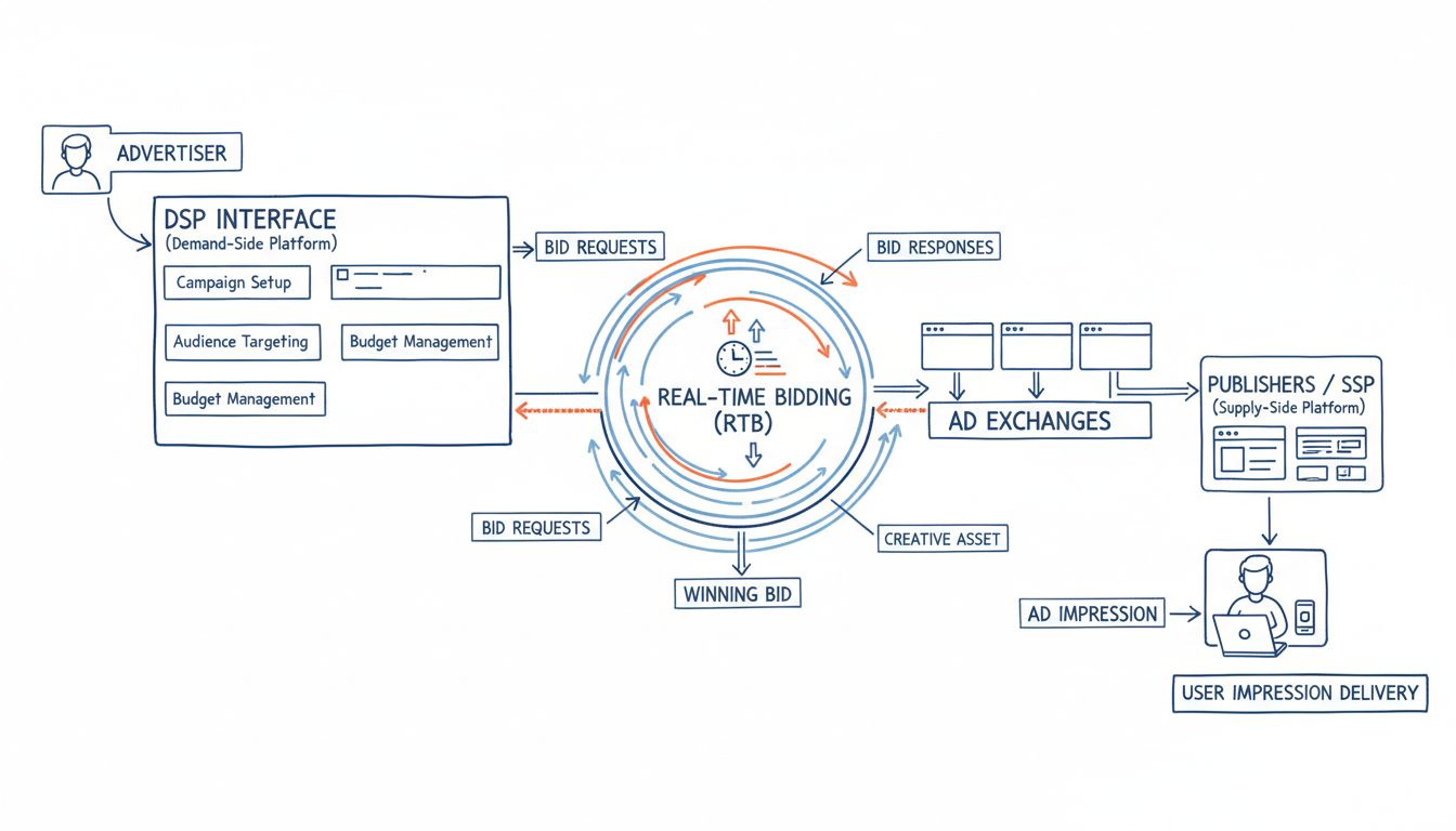 Technisches Diagramm, das zeigt, wie Demand-Side-Plattformen in der programmatischen Werbung mit Werbetreibenden-Interface, Echtzeitgeboten, Ad Exchanges, Publishern und Auslieferung von Nutzerimpressionen funktionieren