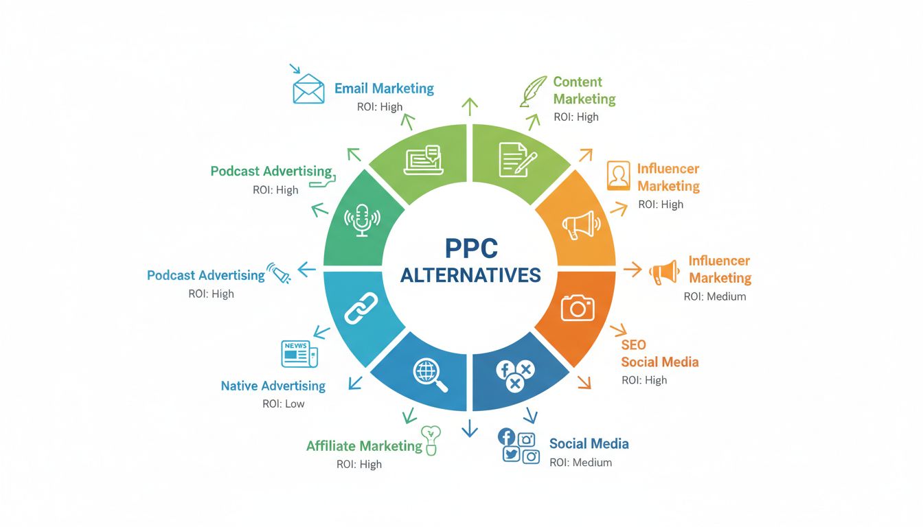 Marketingkanal-Alternativen zu PPC-Werbung, dargestellt in einem Kreisdiagramm mit ROI-Indikatoren: E-Mail-Marketing, Content-Marketing, Influencer-Marketing, SEO, Social Media, Affiliate-Marketing, Native Advertising und Podcast-Werbung