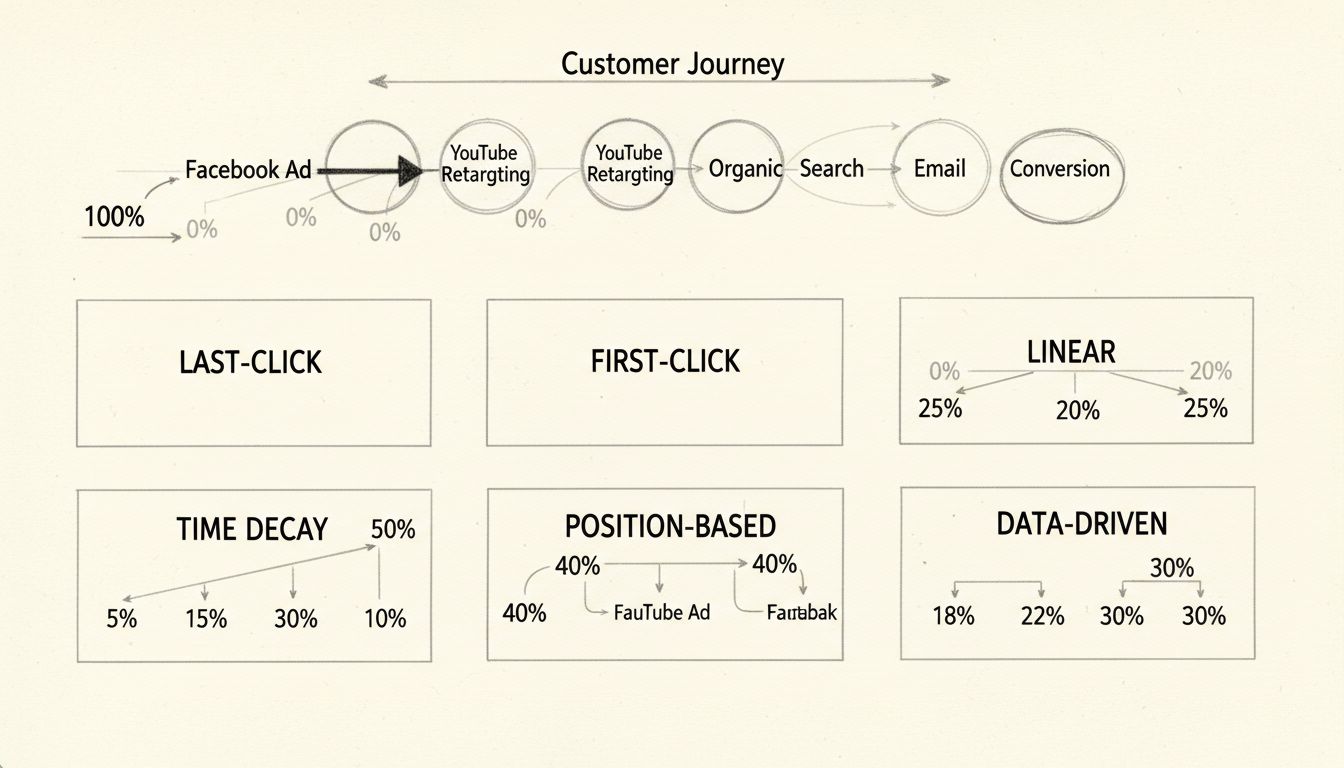 Handgezeichnetes Diagramm, das 6 Attributionsmodelle vergleicht und zeigt, wie der Credit entlang der Touchpoints der Customer Journey verteilt wird