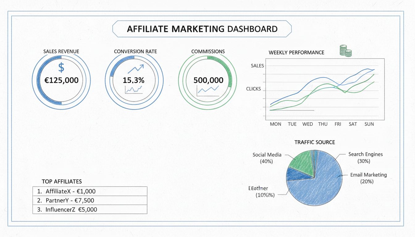 Affiliate-Marketing-Dashboard mit Schnellbericht-KPI-Metriken zu Umsatz, Conversion-Rate, Klicks, Provisionen und Top-Affiliates