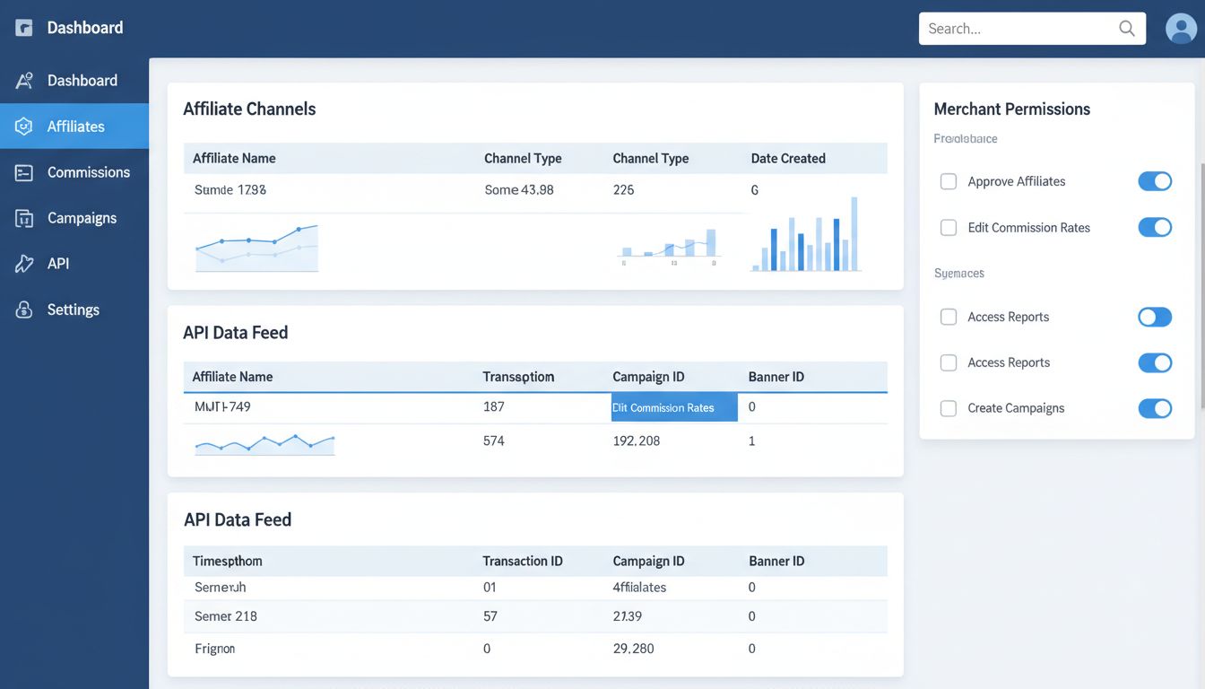 Post Affiliate Pro Dashboard mit Spalte Erstellungsdatum für Affiliate-Kanäle, Tracking von Kampagnen-ID und Banner-ID sowie Händler-Berechtigungssteuerung