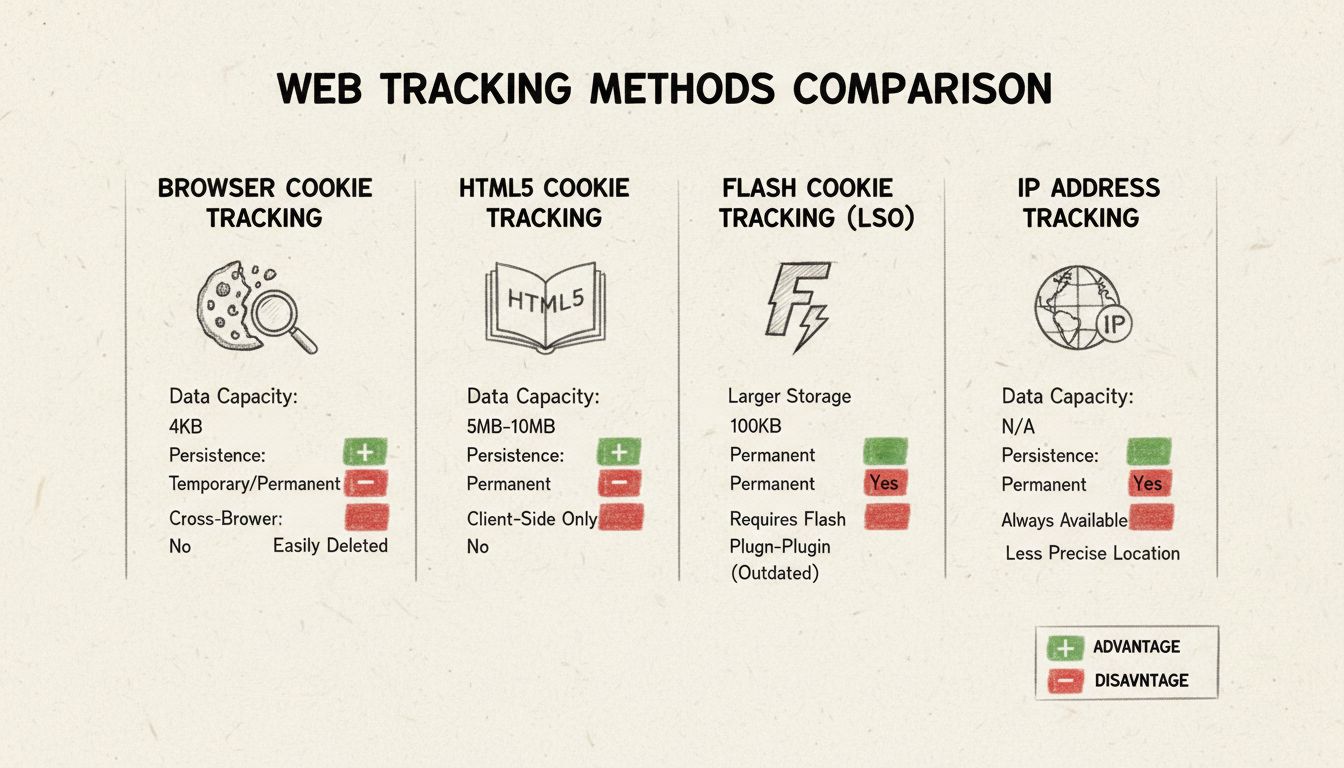Vergleichsdiagramm der Tracking-Methoden mit Darstellung von Browser-Cookies, HTML5-Speicher, Flash-Cookies und IP-Adress-Tracking bezüglich Datenkapazität, Beständigkeit und browserübergreifenden Möglichkeiten