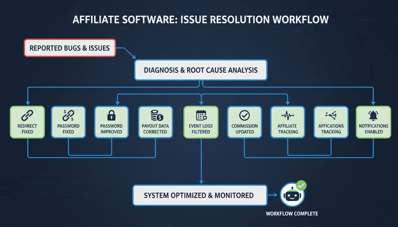 Technisches Diagramm zeigt Fehlerbehebungen und Problemlösung in der Post Affiliate Pro Affiliate-Software mit Icons für Weiterleitungslinks, Passwortsicherheit, Auszahlungsdaten, Ereignisprotokolle, Provisionsstatus, Affiliate-Aktivitäts-Tracking und Zahltags-Benachrichtigungen