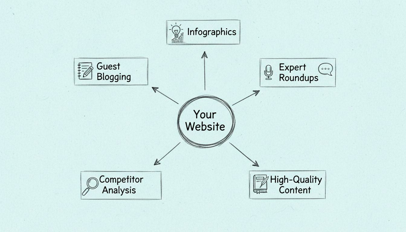 Handgezeichnetes Diagramm, das effektive Backlink-Strategien zeigt, mit einem zentralen Knoten, der mit Gastbeiträgen, Infografiken, Expertenrunden, Wettbewerbsanalysen und hochwertigen Inhalten verbunden ist
