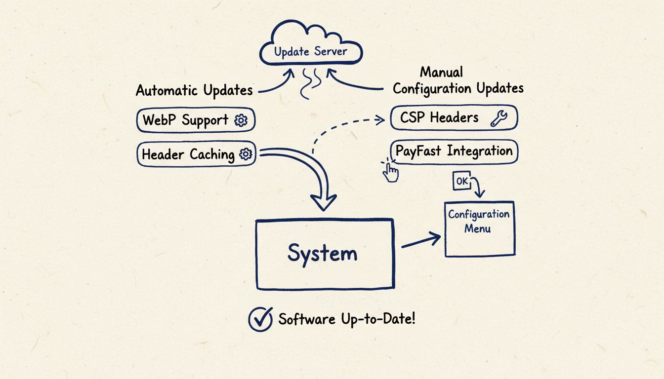Ablaufdiagramm für Software-Updates mit automatischen Updates, die direkt ins System fließen, und manuellen Konfigurations-Updates, die Benutzeraktionen über das Konfigurationsmenü erfordern