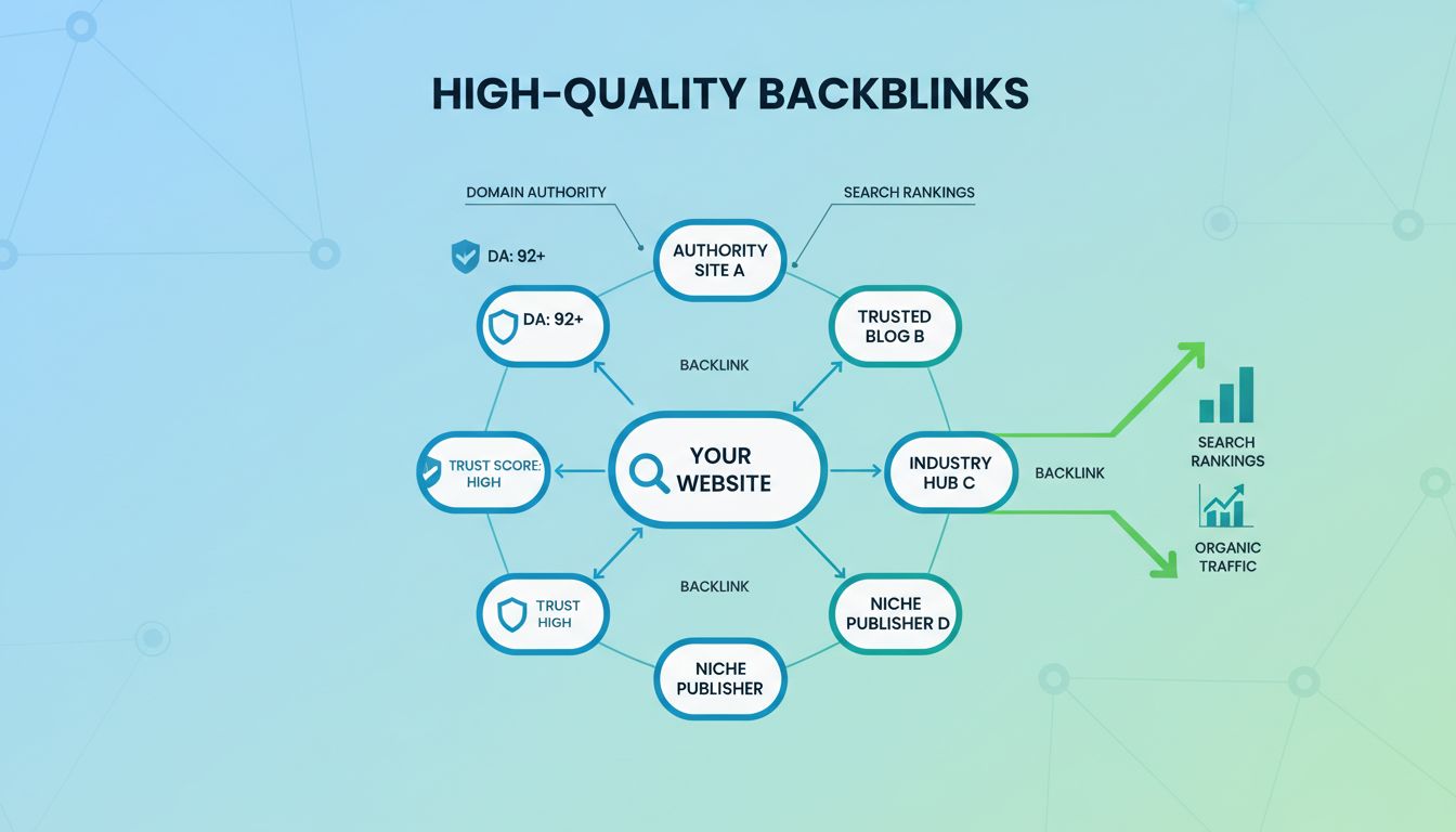 Professionelles Diagramm, das zeigt, wie hochwertige Backlinks SEO durch Domain-Autorität, Suchrankings und organischen Traffic verbessern
