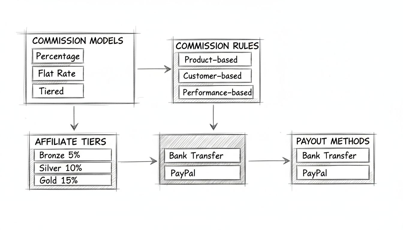 Handgezeichnetes Diagramm zur Einrichtung einer Affiliate-Provisionsstruktur mit Provisionsmodellen, Regeln, Stufen und Auszahlungsmethoden