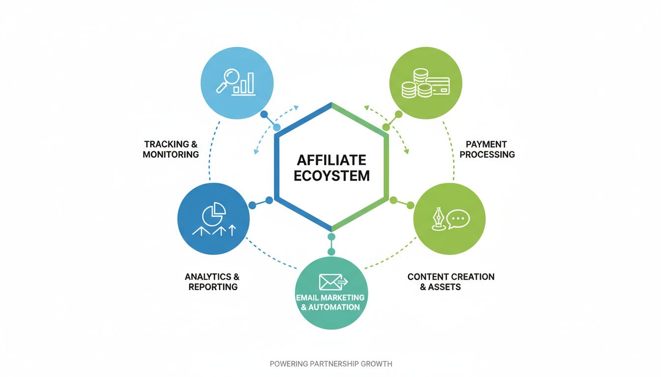 Ökosystem der Tools zur Verwaltung von Partnerprogrammen: Tracking, Analyse, Zahlungsabwicklung, Content-Erstellung und E-Mail-Marketing
