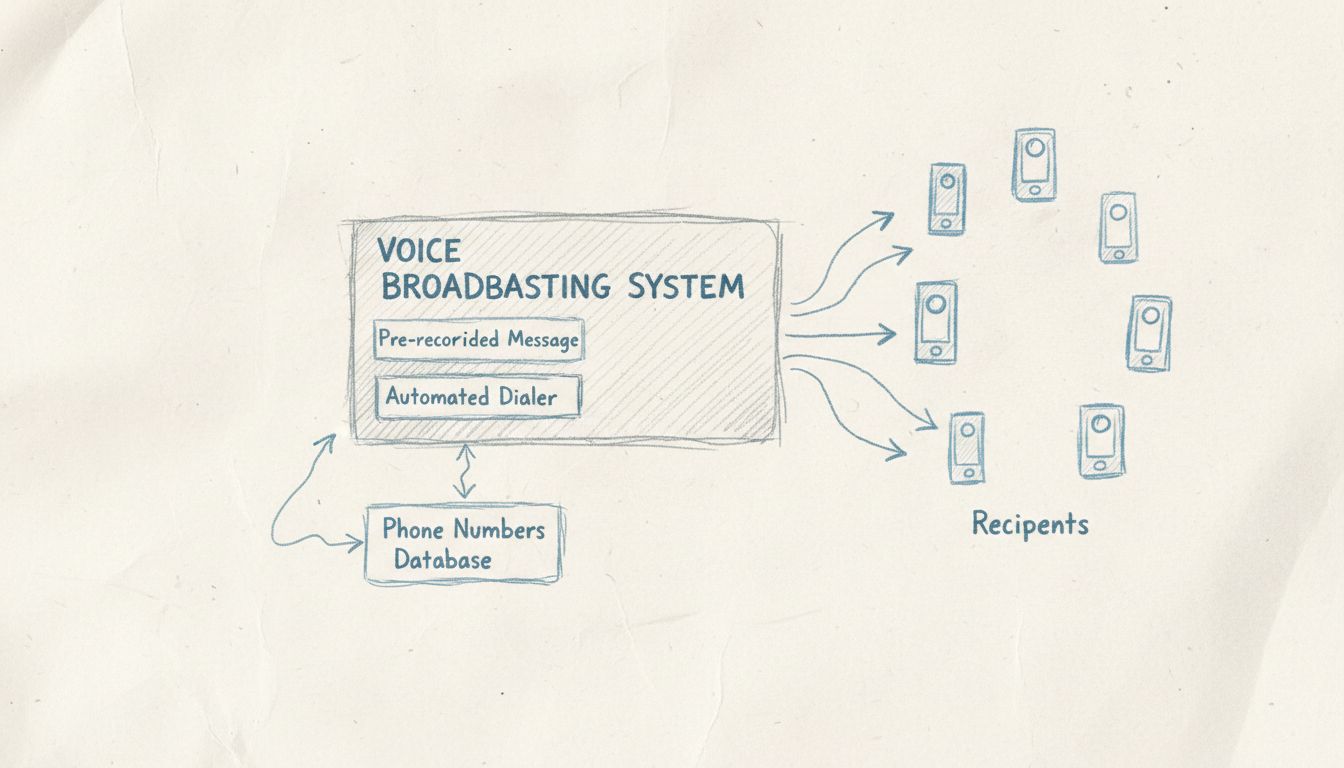 Voice Broadcasting System Architecture Diagram showing central server with automated dialer connecting to multiple phone recipients