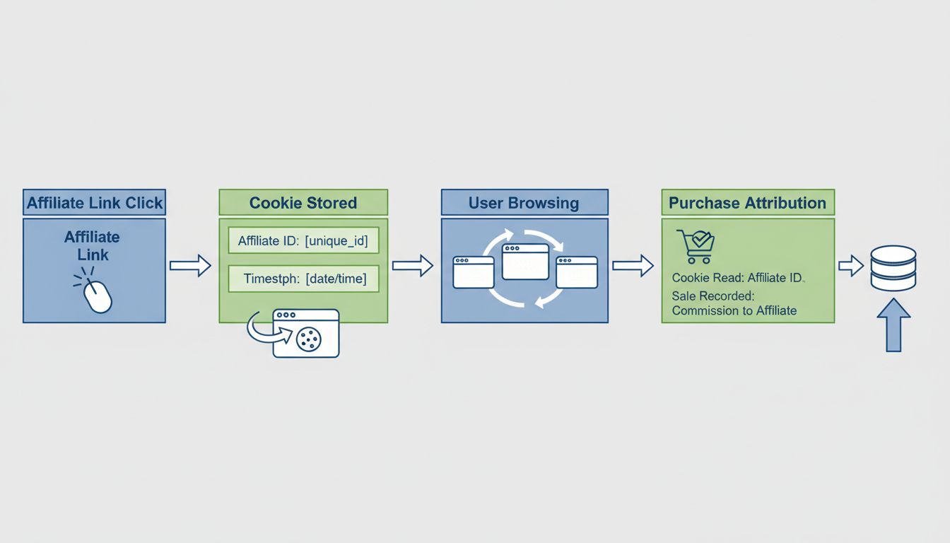 Cookie-Tracking-Flussdiagramm zeigt Klick auf Affiliate-Link, Cookie-Speicherung, Nutzeraktivitäten und Zuordnung bei Kaufabschluss